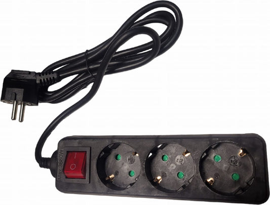 ZWART Stekerdoos - A-Pin - 3 - Voudig Schakelaar - 1.5 mtr